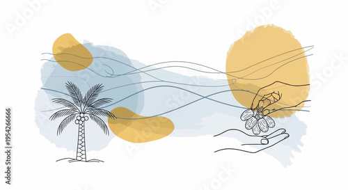 Minimalist palm tree illustration with flowers.