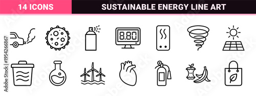 HVAC and Environmental Ecology Line Art Symbols for Air Quality Monitoring and Sustainable Energy Smart Home Interface Design Systems.