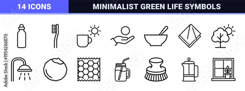 Ultra-Minimalist Monoline Icon Set for Sustainable Living and Eco-Friendly Daily Wellness Symbols Featuring Geometric Vector Line Art Aesthetic