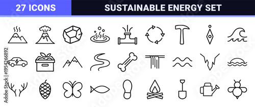 Geothermal Energy and Environmental Science Icon Set featuring Ultra-Minimalist Monoline Geometric Symbols for Sustainable Technology Systems