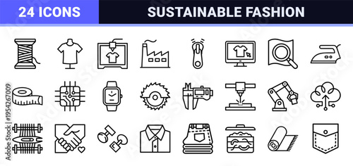 Sustainable Fashion Technology and Eco-Friendly Textile Production Ultra-Minimalist Geometric Monoline Outline Vector Icon Set for Modern Industry