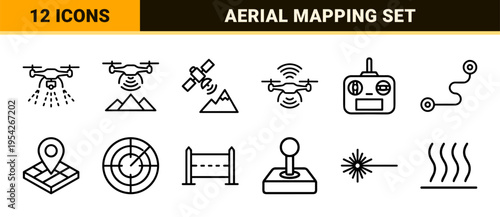 Autonomous Drone Surveying and Geodata Mapping Visual Symbols, Ultra-Minimalist Monoline Outline Icons for Professional GIS and Aerial Cartography UI.