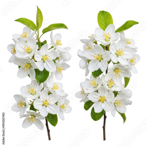 A pair of jasmine flower branches with green leaves isolated on transparent background