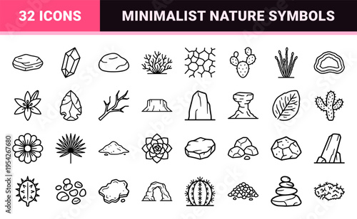 Arid Landscape Geology and Desert Flora Elements in Ultra-Minimalist Monoline Aesthetic for Professional Environmental Mapping and Design