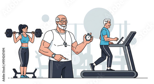 A fit and diverse group of people engaging in various exercises at a modern gym