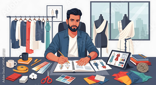 A fashion designer working on a new collection in a modern studio with various design tools and materials