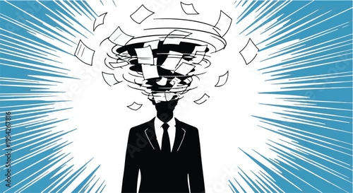 Businessman with exploding head full of papers