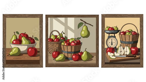 Fresh Apples & Pears Still Life Triptych Wall Art for Kitchen Decor, Farmhouse Style