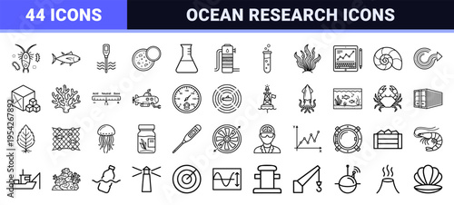 Marine Biology and Aquaculture Research Ultra-Minimalist Monoline Icon Set featuring Geometric Oceanography and Laboratory Symbols