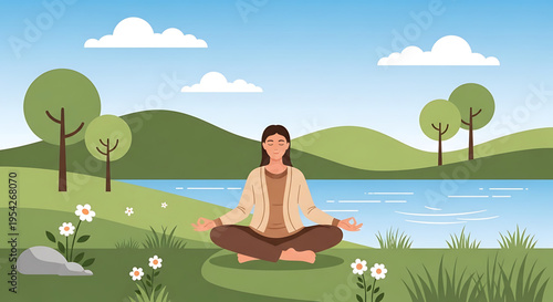 A serene woman meditating in a peaceful natural setting with a lake and rolling hills