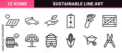 Sustainability and Organic Farming Ultra-Minimalist Monoline Icon Set featuring Geometric Eco-Friendly and Agricultural Line Art Symbols.