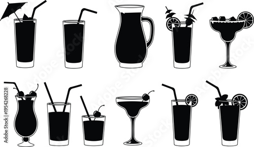 Black silhouette collection of summer tropical cocktails, refreshing fruit juices, margarita glasses, and beverage pitchers isolated on white background for menu design and vector graphics.