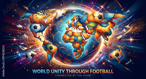 Dynamic world map formed with soccer balls in space representing global unity through football. Perfect for sports events, team merchandise, and international campaigns.Generated ai