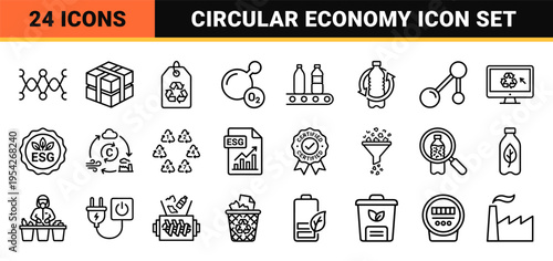 Plastic Recycling and Circular Economy Logistics Icons Set featuring Ultra-Minimalist Monoline Symbols for Sustainable Waste Management and ESG Reporting.