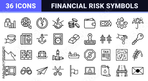 Ultra-minimalist Monoline Global Economic Crisis Icon Set Featuring Financial Risk Caution Signs and Market Recession Geometric Symbols