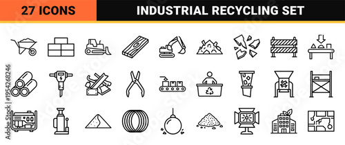 Construction Waste Management and Industrial Recycling Outline Icons Featuring Heavy Machinery Rubble Disposal and Site Sanitation Symbols