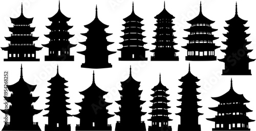Collection of Green Silhouettes of Traditional Asian Pagoda Buildings
