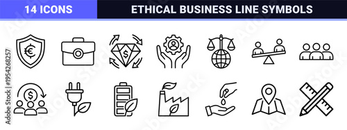 Environmental Governance and Corporate Responsibility ESG Line Icons for Sustainable Business Strategy and Ethical Investment Reporting Assets