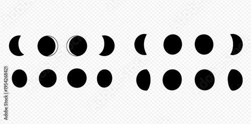 Set of moon phases icons, showing the different stages of the lunar cycle from new moon to full moon.