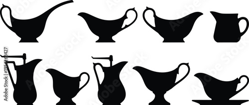 Black silhouette of gravy boat and sauce pitcher collection on white background perfect for elegant kitchen icons dining table accessories and vintage culinary vector illustrations