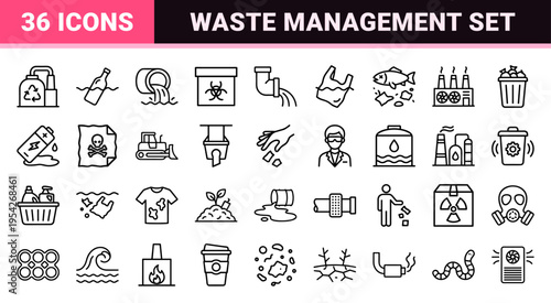 Environmental Contamination and Industrial Waste Management Icon Set featuring Ultra-Minimalist Geometric Outline Symbols for Ecology Design.