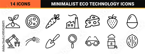 Sustainable Biotech and Future Food Systems Ultra-Minimalist Monoline Outline Icon Set for Eco-Tech Innovation and Lab-Grown Agriculture.