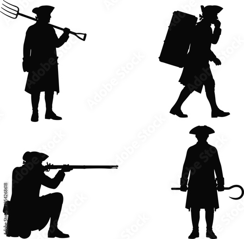 Black silhouette set of 18th century colonial men including a farmer with pitchfork, a traveler with a trunk, a kneeling soldier, and a sailor.