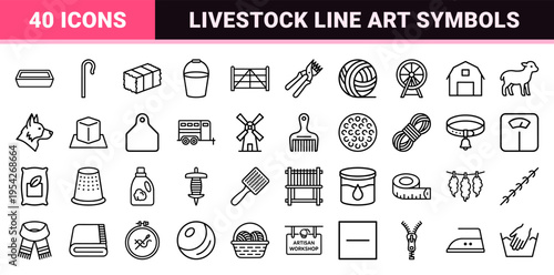 Livestock Farming and Wool Production Minimalist Monoline Icon Set Featuring Geometric Sheep Husbandry and Textile Industry Outline Symbols