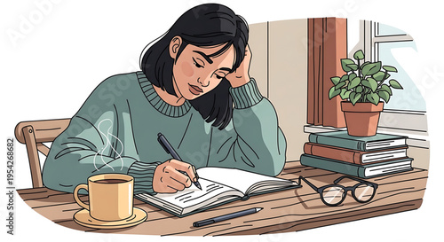 A young woman studies intently at a wooden desk by a window with a cup of coffee and a stack of books.