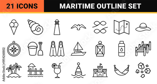 Ultra-minimalist Maritime and Beach Tourism Outline Icons for Professional Travel Branding and Interface Design with Geometric Line Art Style.