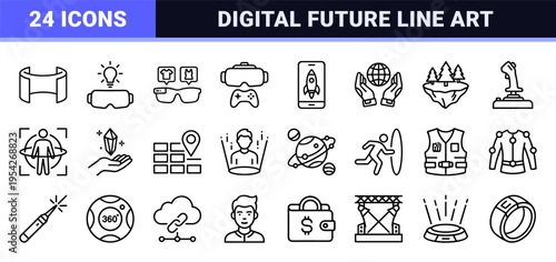 Metaverse and Virtual Reality Technology Icon Set featuring Ultra-Minimalist Monoline Geometric Line Art for Immersive Digital Environments