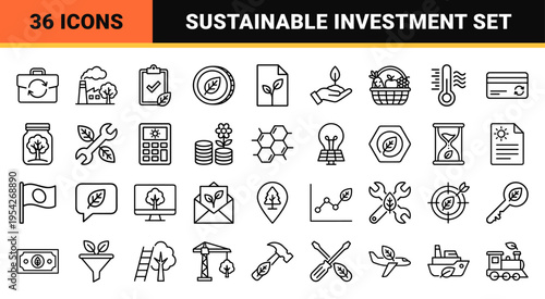 Sustainable Investment and Green Finance Monoline Icon Set featuring Ultra-Minimalist Geometric Line Art Symbols for Eco-Friendly Business Growth.