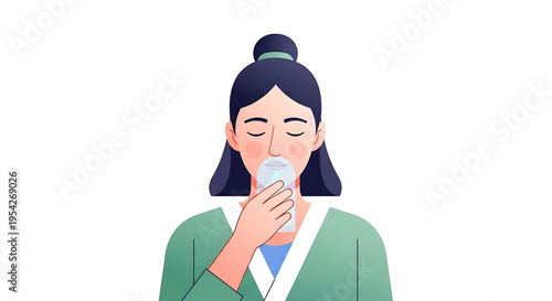A woman drinking water from a bottle in a minimalist vector illustration