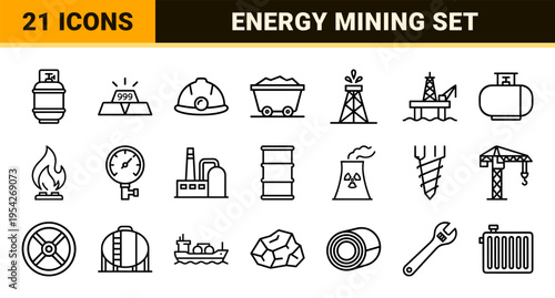 Industrial Energy and Mining Commodity Icons Featuring Ultra-Minimalist Monoline Geometric Outlines for Professional Technical Documentation