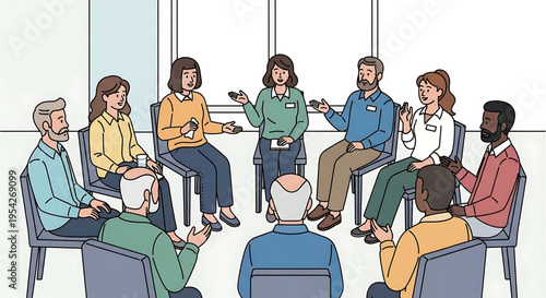 A diverse group of people sitting in a circle and engaging in a discussion in a modern meeting room