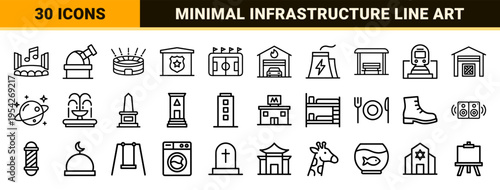 Ultra-Minimalist Monoline City Infrastructure and Public Building Outline Symbols for Urban Mapping and Navigation UI Design