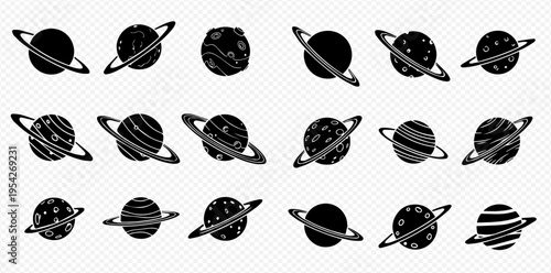 Set of black and white planet icons with rings, representing celestial bodies and space exploration.
