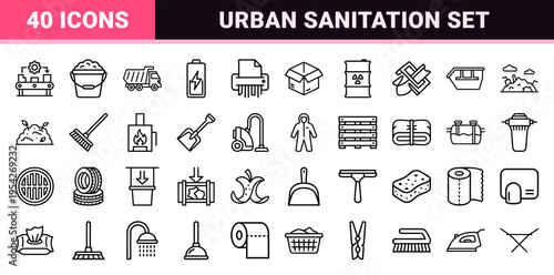 Ultra-Minimalist Monoline Waste Management Icons, Geometric Line Art Sanitation Symbols for Environmental Utility and Industrial Design.