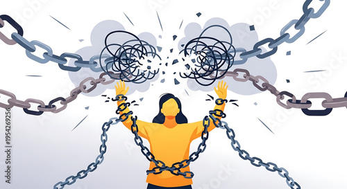 A woman breaks free from chains and mental struggles with a sense of liberation and empowerment.