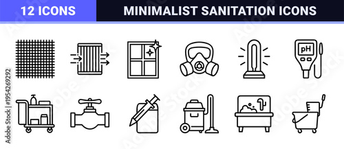 Ultra-Minimalist Monoline Cleaning Icons for Professional Sanitation Services Featuring Geometric Line Art Symbols and Hygiene Outlines