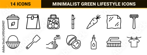 Zero Waste and Sustainable Living Ultra-Minimalist Monoline Vector Icon Set Featuring Eco-Friendly Lifestyle Symbols for Web and Print Design
