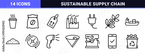 Sustainable Coffee Industry and Fair Trade Logistics Icon Set Featuring Ultra-Minimalist Geometric Line Art for Ethical Commerce Branding.