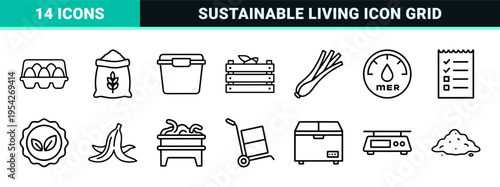 Sustainable Food Management and Kitchen Waste Reduction Ultra-Minimalist Monoline Vector Icon Set for Eco-Conscious Commercial Use.