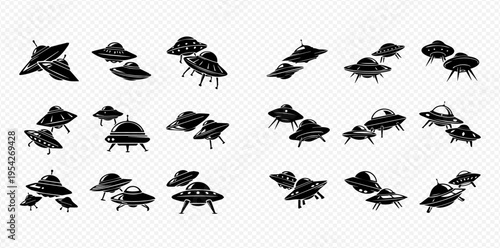 Set of black and white cartoon UFOs, flying saucers, and alien spaceships, isolated on a transparent background.