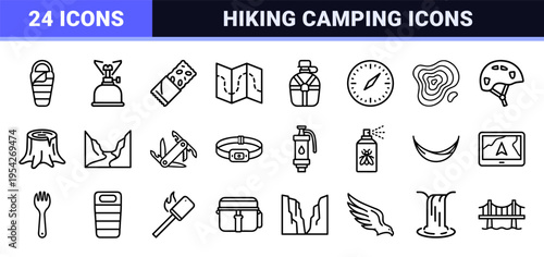 Professional Outdoor Adventure Line Art Symbols featuring Ultra-minimalist Mountain Hiking and Camping Equipment for Modern Interface Design.