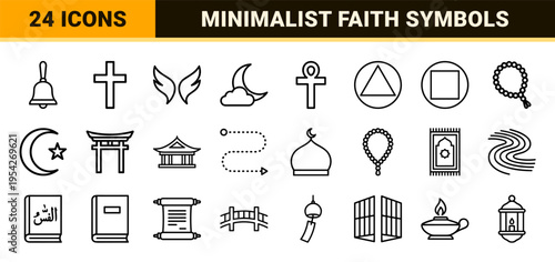 Mindfulness and Spiritual Wellness Symbol Collection Featuring Ultra-Minimalist Geometric Line Art for Religious and Meditative Applications