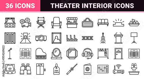 Cinema and Theater Auditorium Interior Furniture Symbols featuring Ultra-Minimalist Monoline Geometric Line Art for Commercial Wayfinding