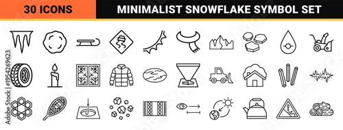 Minimalist Winter Weather Line Art Symbols Featuring Snowflakes Wind and Cold Climate Atmospheric Phenomena for Interface Design and Meteorology
