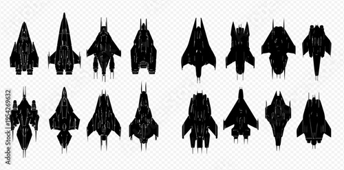 Collection of various black silhouette spaceship and fighter jet icons on a transparent background, depicting futuristic and military aircraft designs.