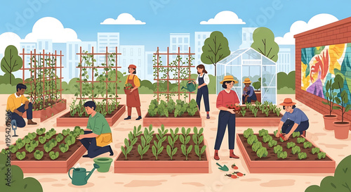 A vibrant community garden filled with diverse people tending to their plants in a urban setting with a greenhouse and cityscape in the background.